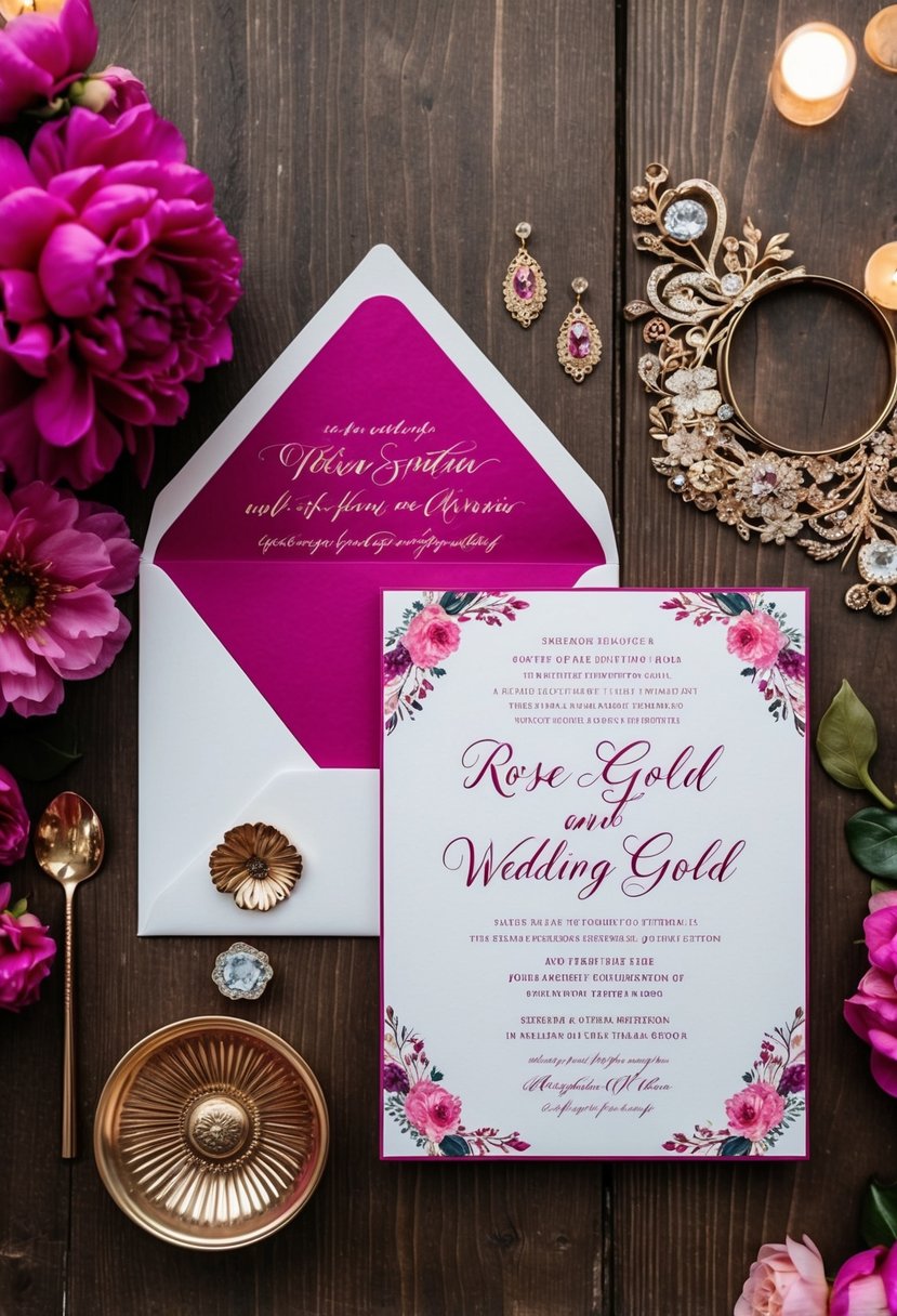 A fuchsia and rose gold wedding invitation suite with floral motifs and elegant calligraphy