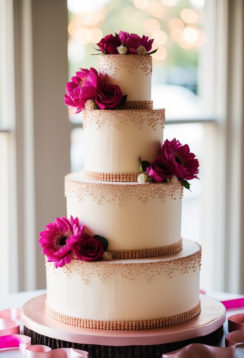 A three-tiered wedding cake adorned with rose gold and fuchsia flowers and ribbons