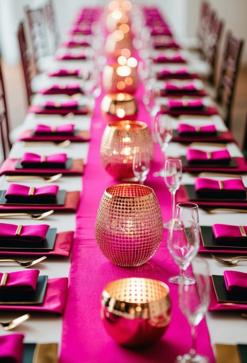 Fuchsia table runners run down the length of the table, adorned with rose gold centerpieces sparkling in the soft light