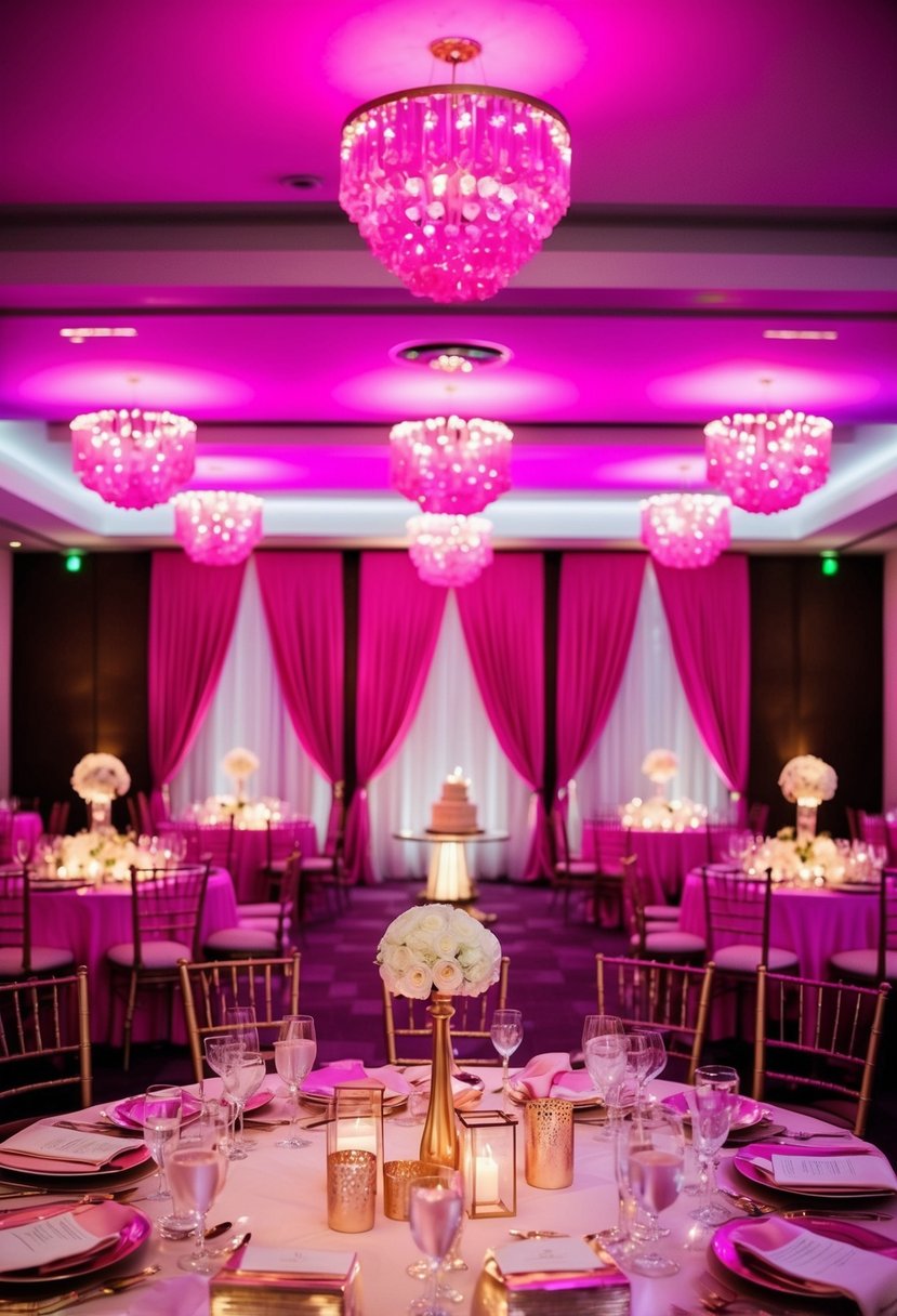 The venue is bathed in fuchsia uplighting, with rose gold decor adorning the space, creating a luxurious and romantic atmosphere