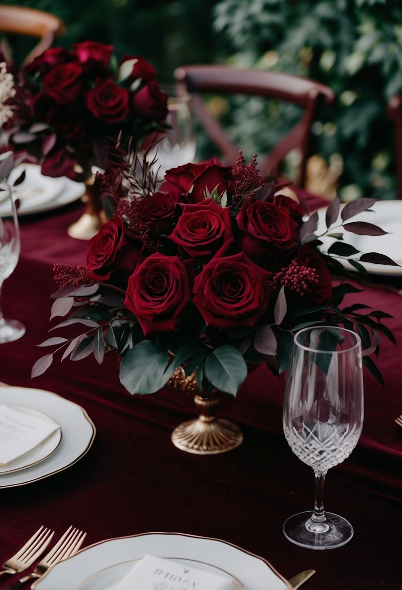 A burgundy wedding palette: deep red roses, velvet tablecloths, wine-colored bridesmaid dresses, and rich, dark foliage accents