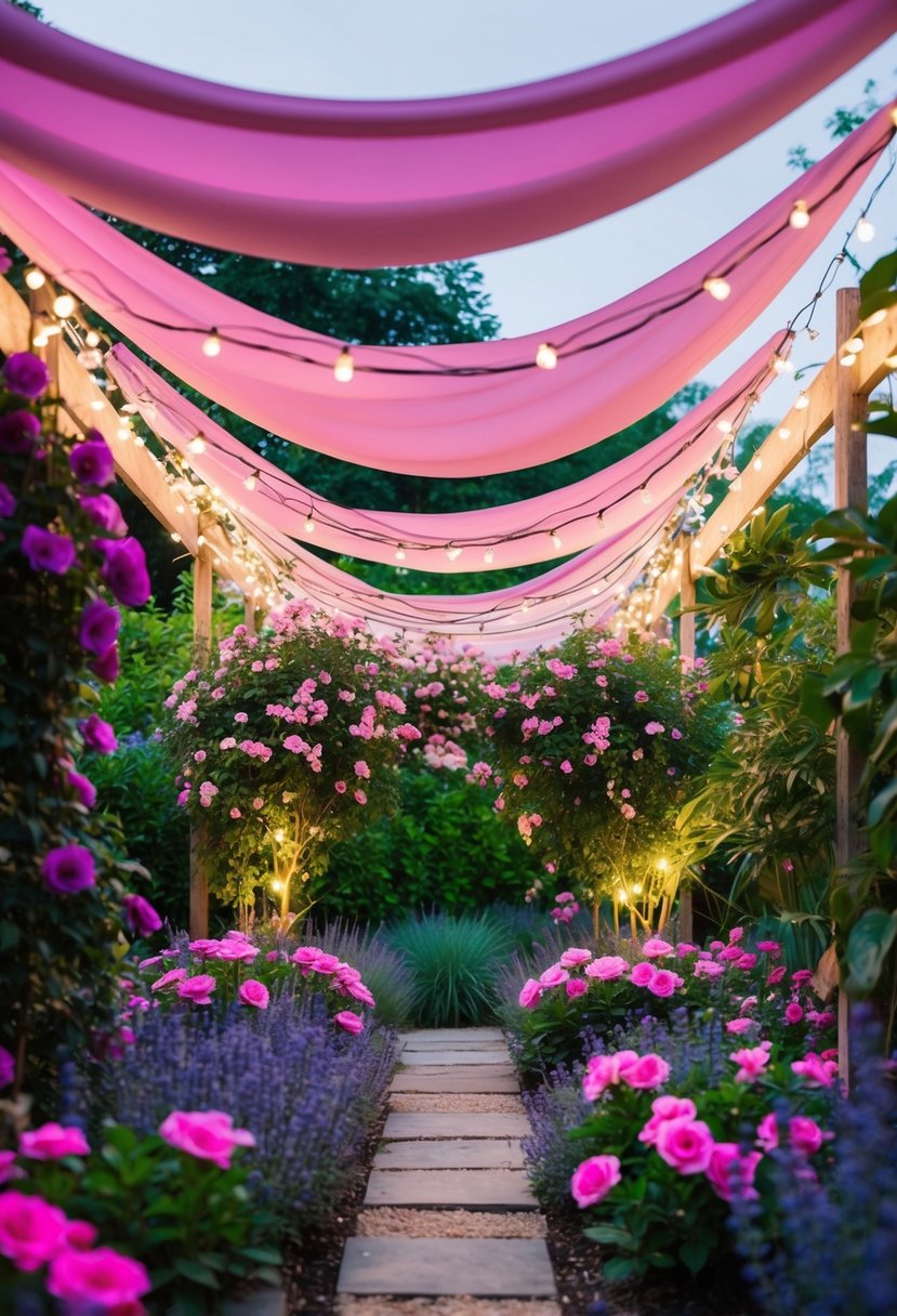 A whimsical garden with pink and purple flowers, draped in flowing fabric and twinkling fairy lights