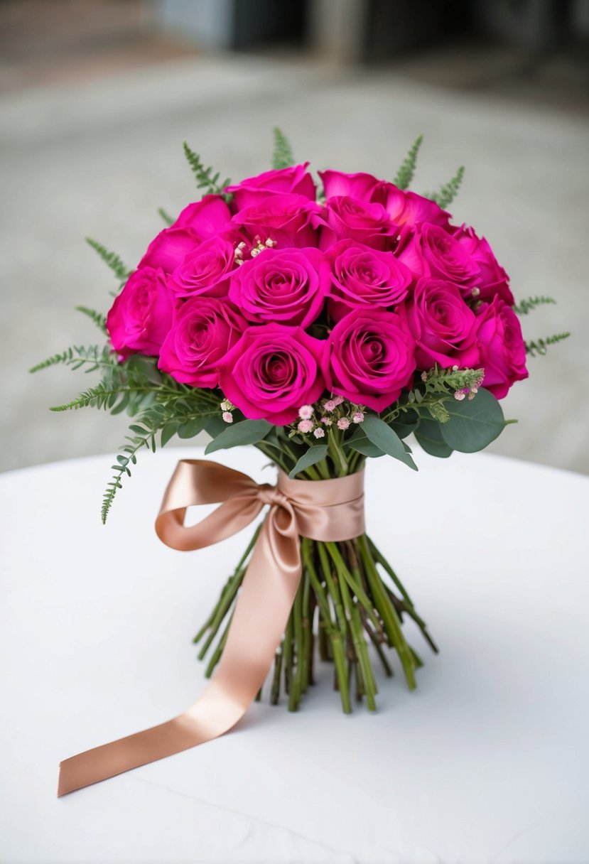 A fuchsia bouquet tied with a rose gold ribbon sits on a white table