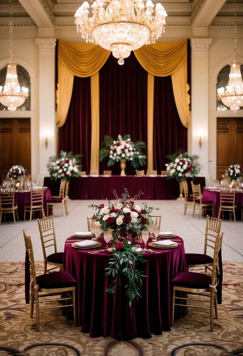 A grand ballroom adorned with burgundy and gold decor, featuring elegant floral arrangements and luxurious velvet drapery