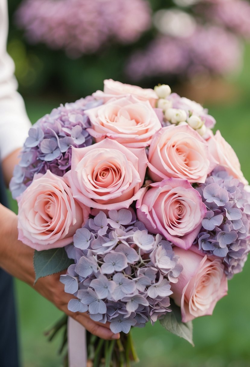 Blush pink roses and lavender hydrangeas interwoven in a wedding bouquet