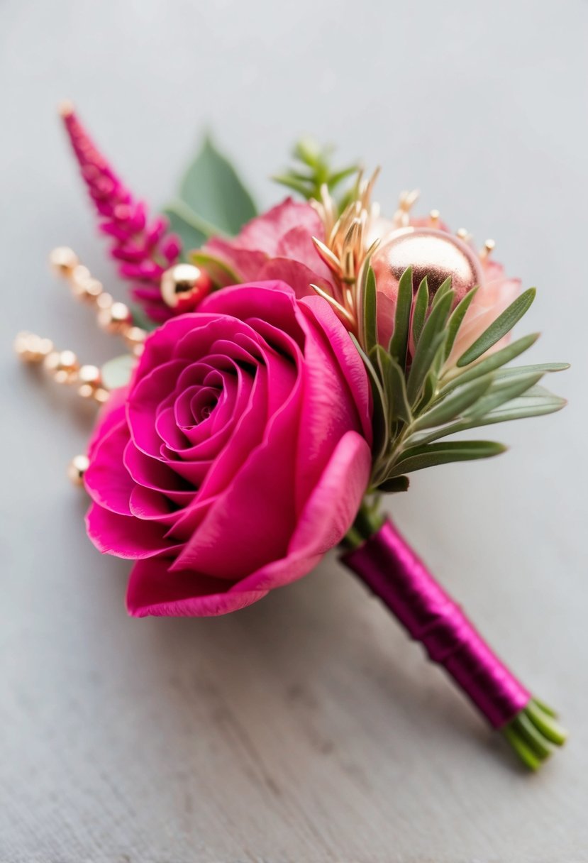 A fuchsia and rose gold boutonniere with delicate petals and metallic accents