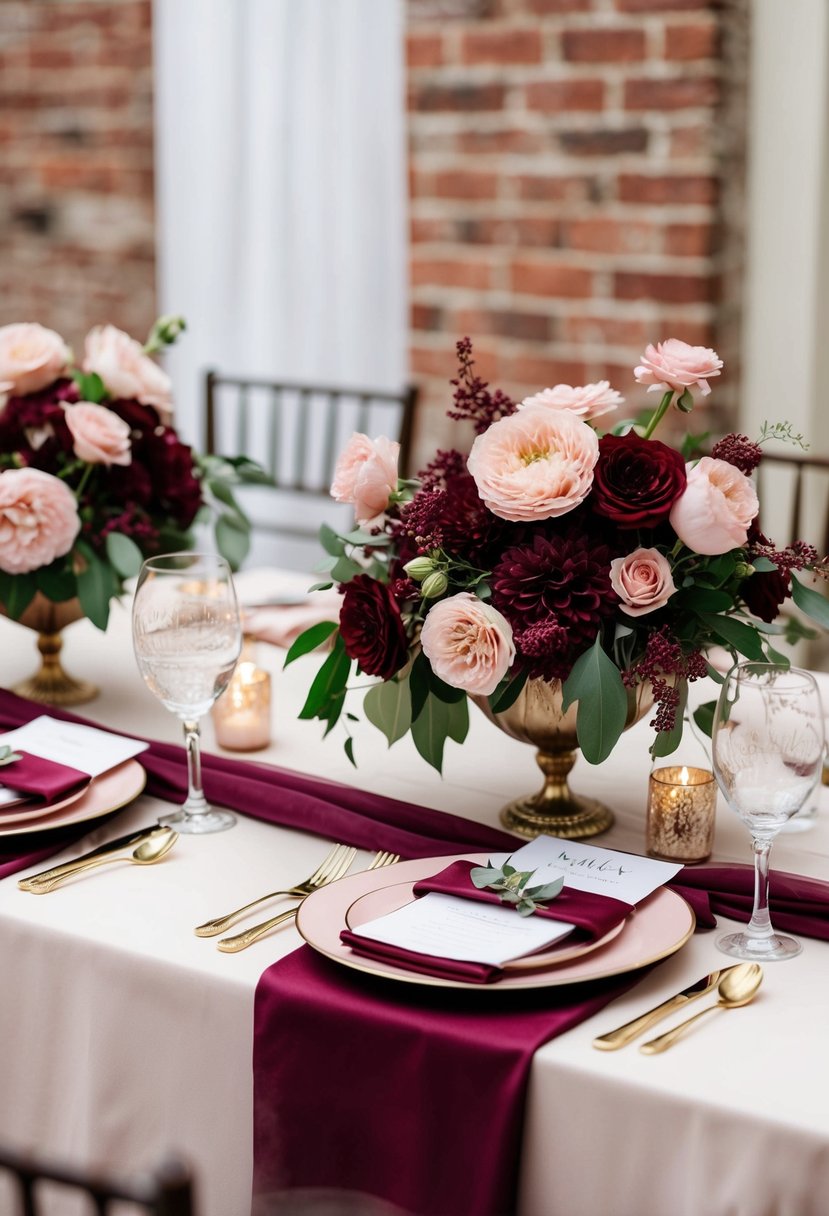 A romantic scene with blush and burgundy flowers, draped fabric, and elegant table settings