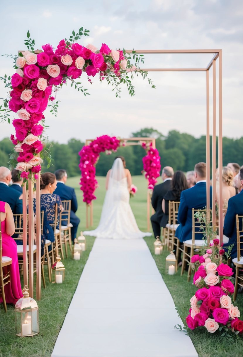 The ceremony arch is adorned with fuchsia and rose gold details, creating a vibrant and elegant wedding color palette