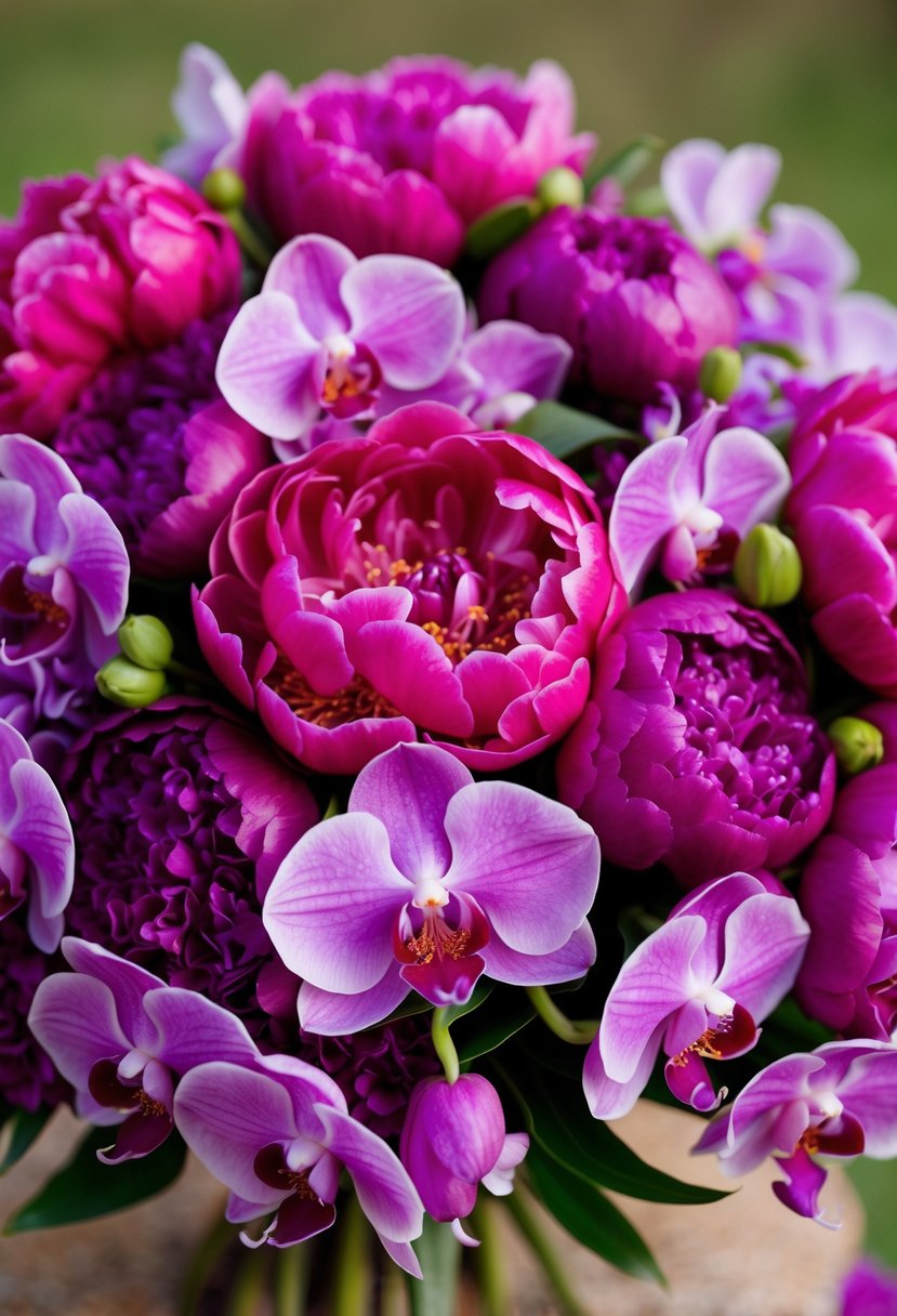 A lush bouquet of fuchsia peonies and lilac orchids, creating a vibrant display of pink and purple wedding colors