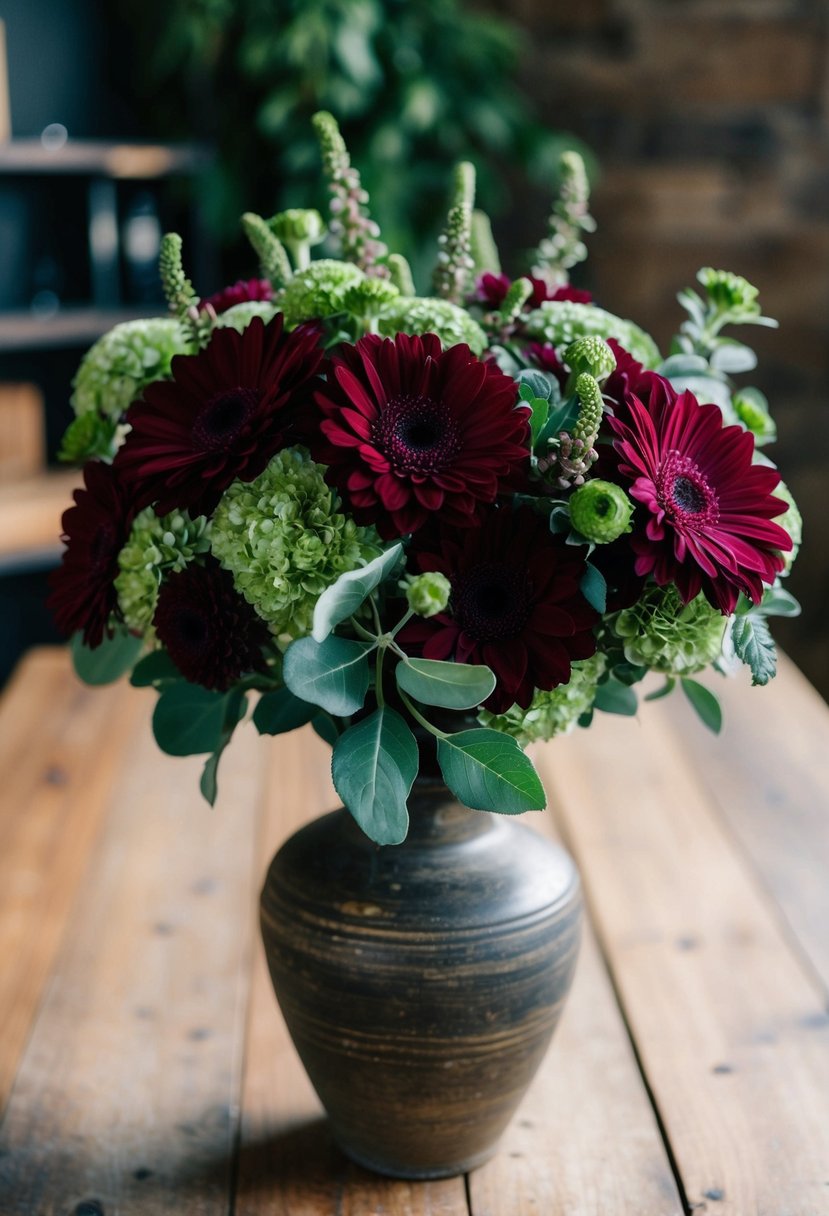 A lush bouquet of burgundy and sage green flowers in a rustic vase on a wooden table