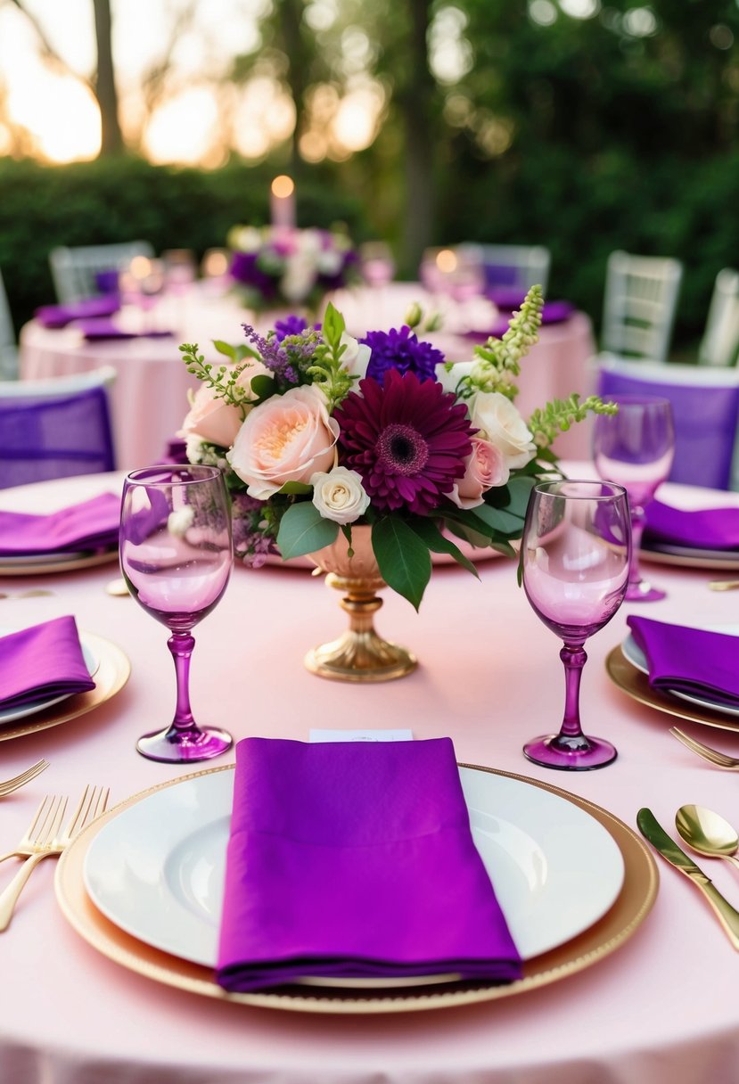 Soft pink and royal purple table settings with floral centerpieces and matching napkins