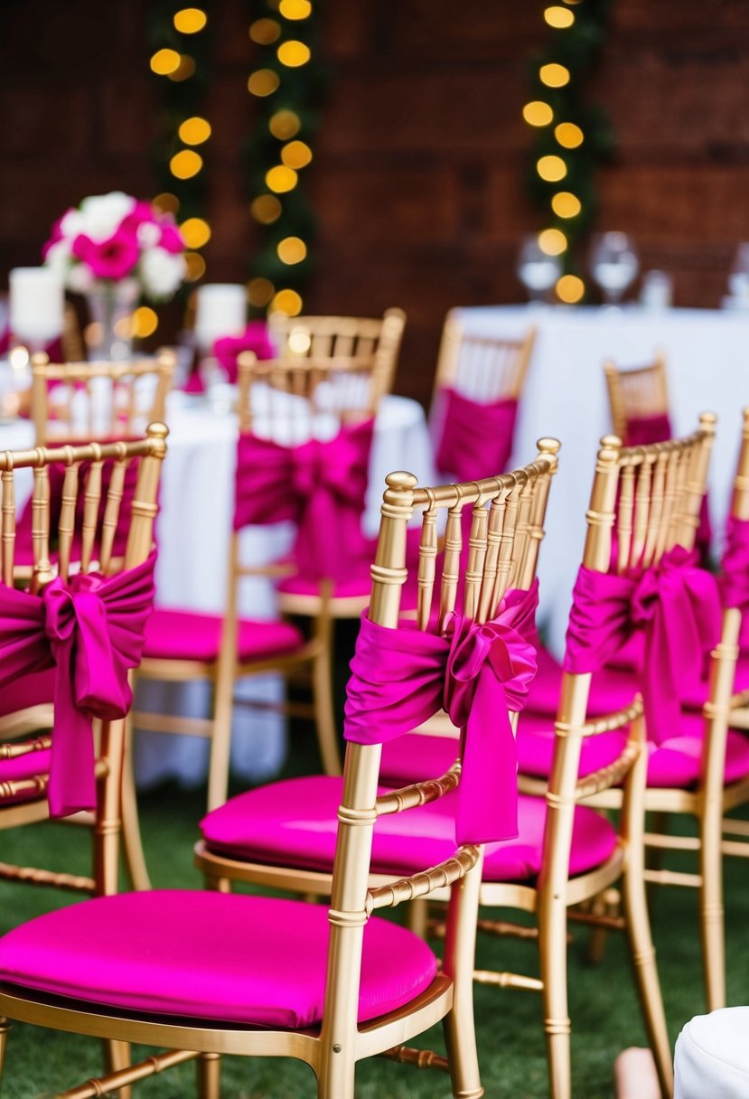 Rose gold chairs with fuchsia seat cushions arranged for a wedding reception