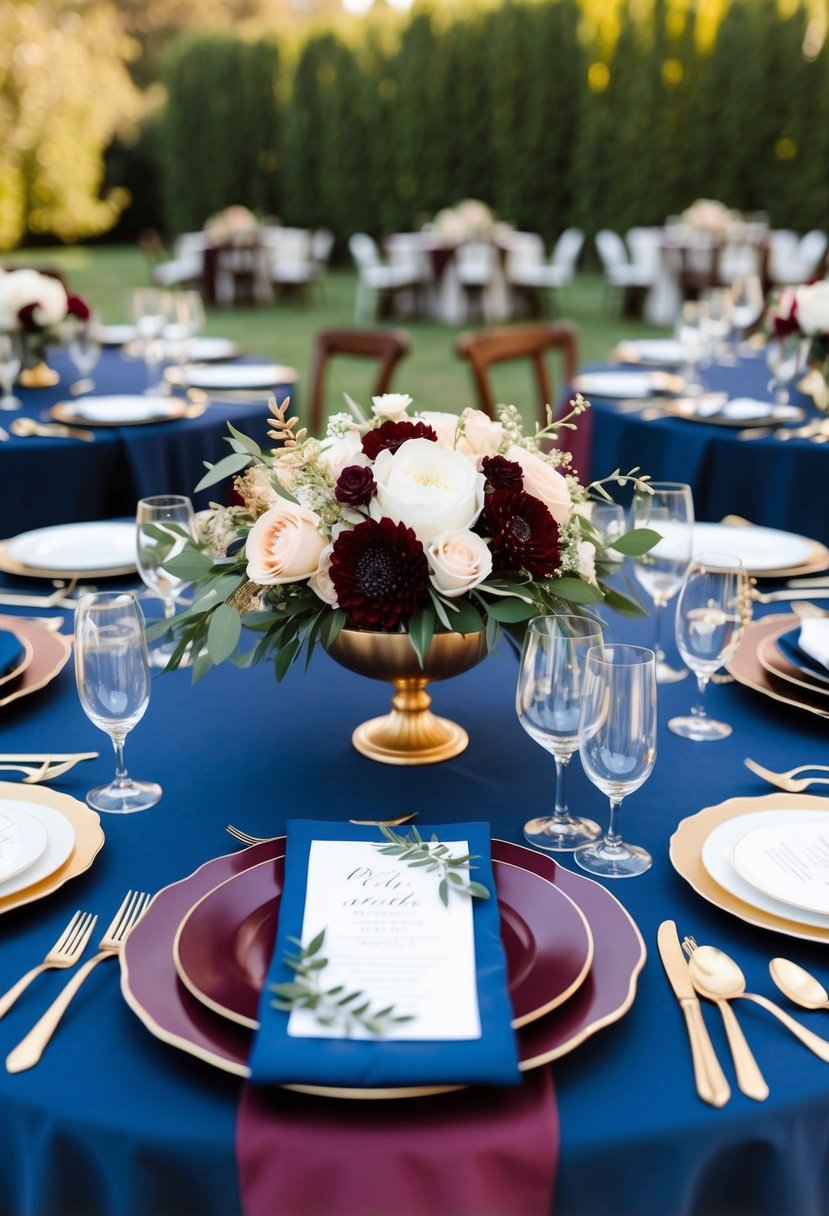 A navy blue and burgundy wedding table setting with elegant floral centerpieces and gold accents