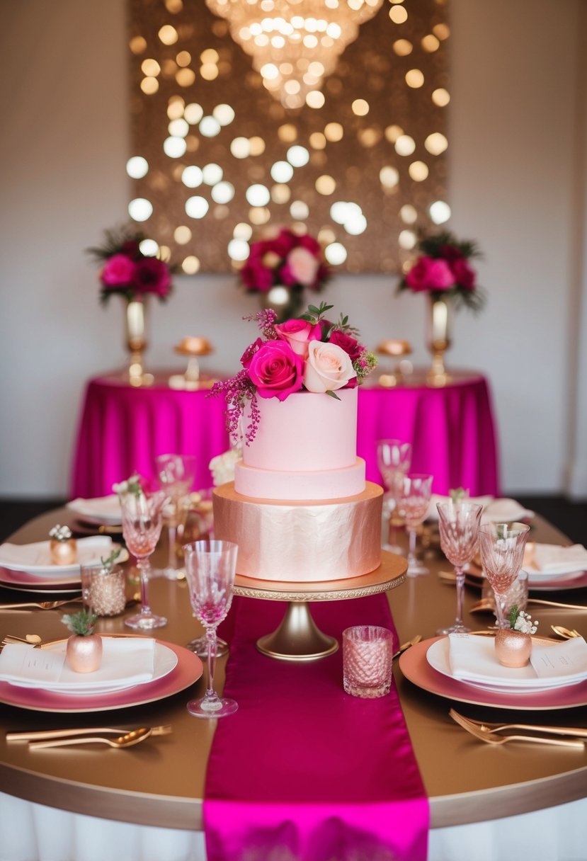 A fuchsia and rose gold dessert table with elegant wedding decor and floral arrangements