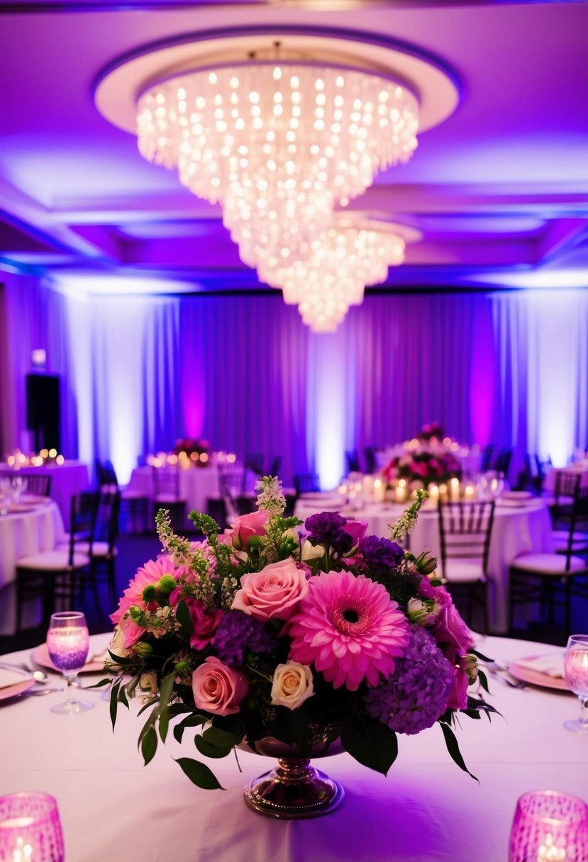 A wedding reception hall bathed in pink and purple LED lighting, with floral centerpieces and decor in matching hues