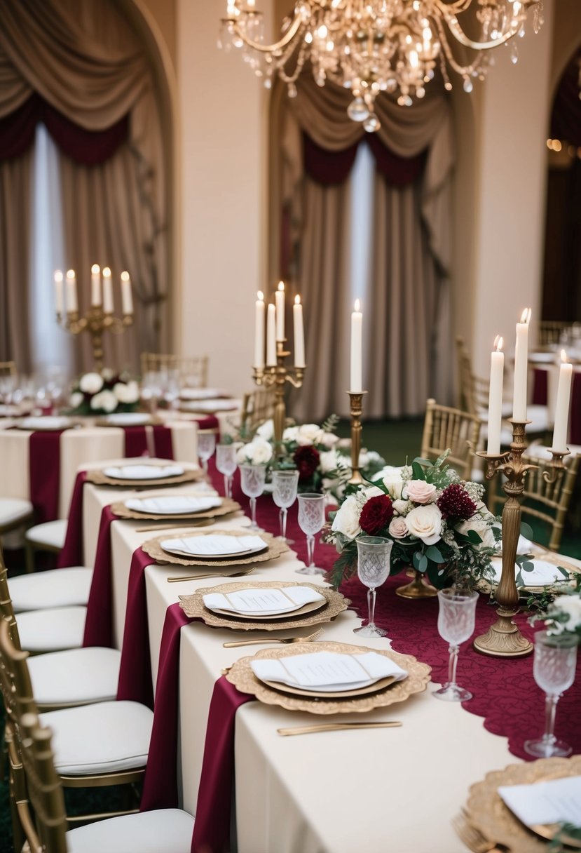 A vintage charm wedding scene with burgundy and cream decor, featuring lace tablecloths, floral centerpieces, and antique candle holders