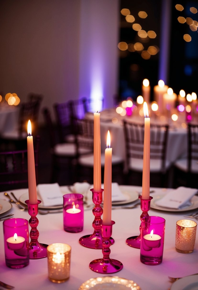 Rose gold candles in fuchsia holders illuminate a wedding reception, creating a warm and romantic atmosphere