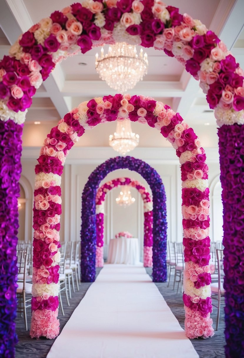 Ombre pink to purple floral arches adorn a wedding venue, creating a romantic and elegant atmosphere