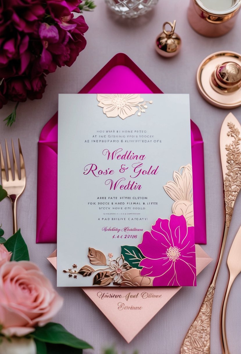 A fuchsia and rose gold wedding invitation suite featuring floral motifs and elegant metallic accents