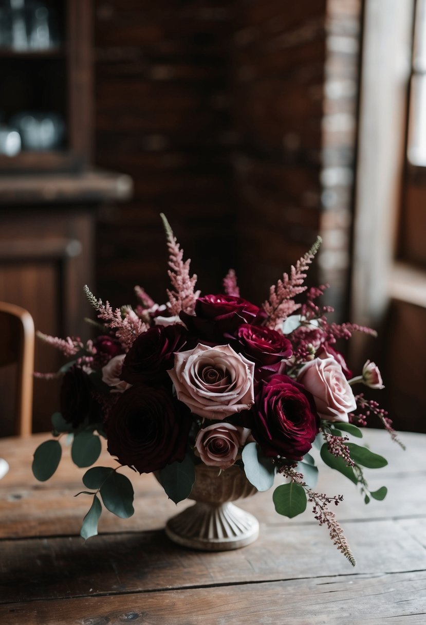 A burgundy and dusty rose floral arrangement on a rustic wooden table