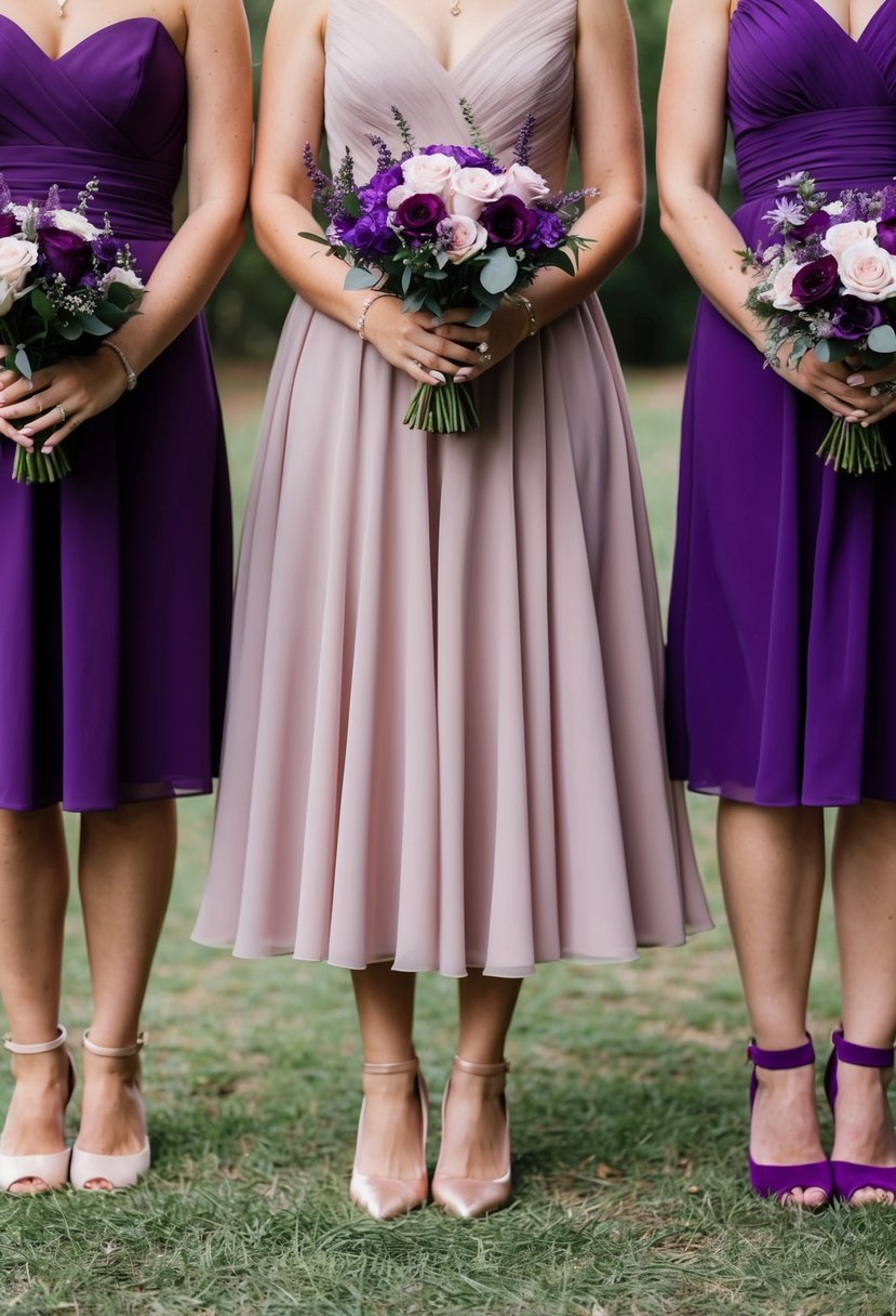 Mauve dresses, blush shoes, and purple bouquets at a pink and purple wedding