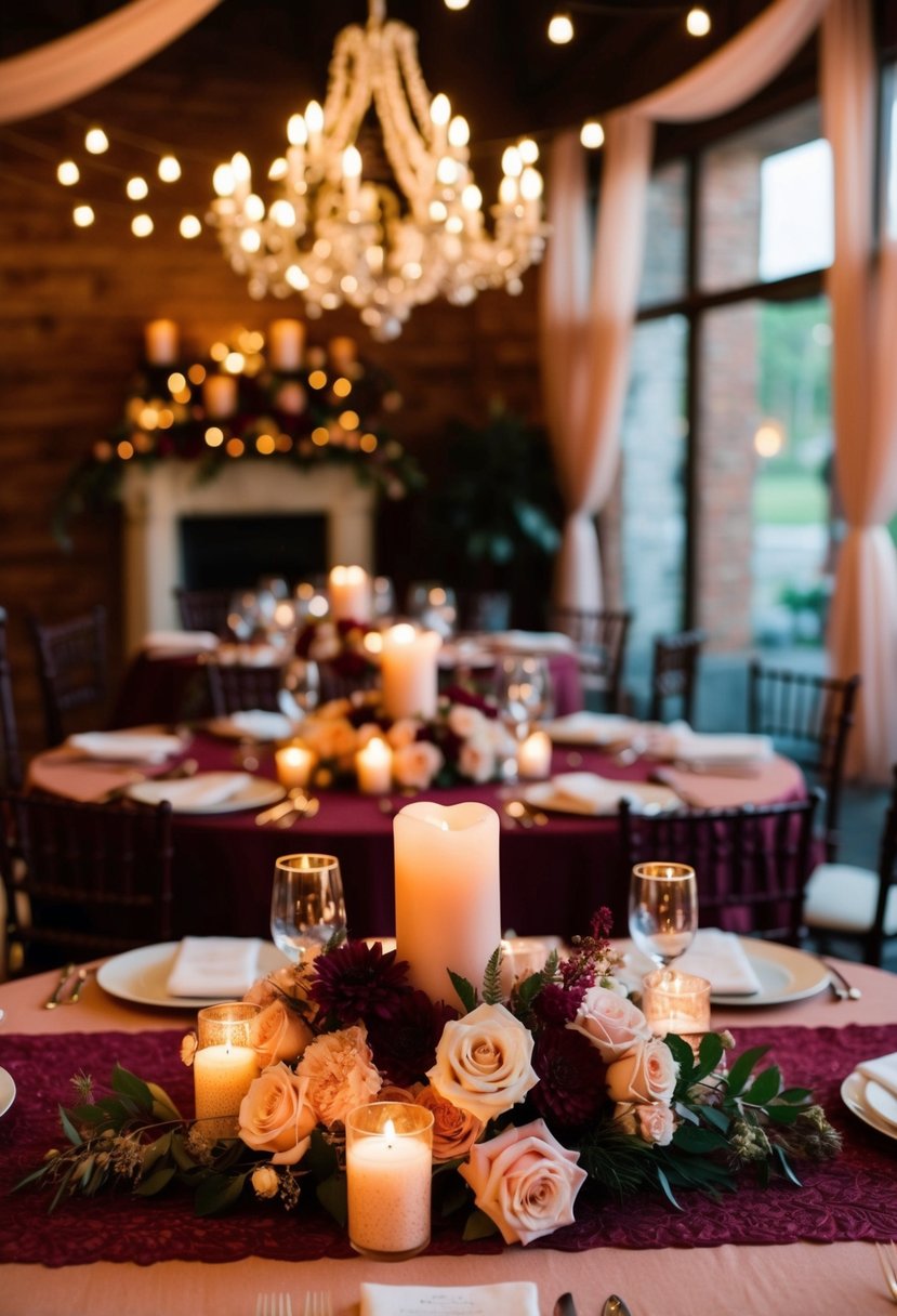 A cozy, intimate wedding setting with rich burgundy and soft peach decor. Warm candlelight and floral arrangements create a romantic atmosphere