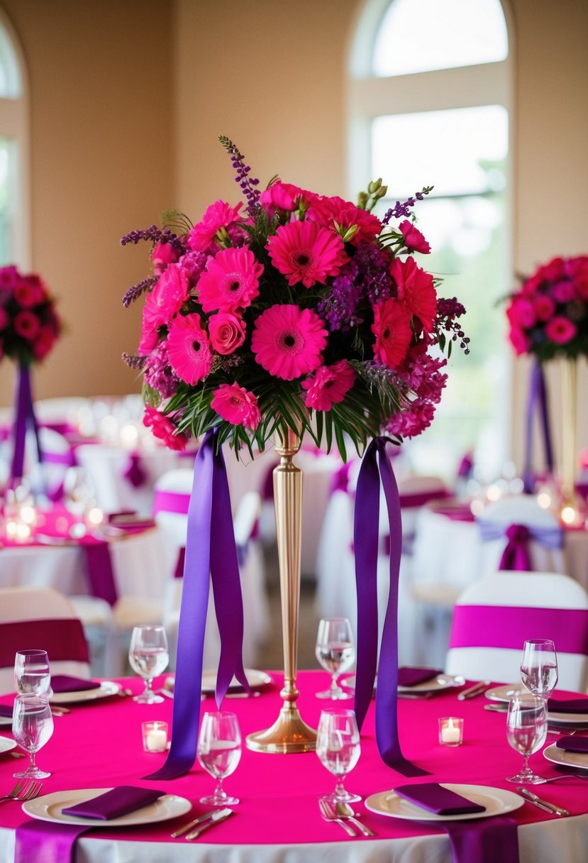 Hot pink floral centerpieces with purple ribbons and accents arranged on reception tables