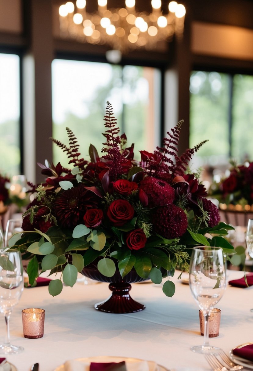 A rich burgundy floral centerpiece with lush greenery accents