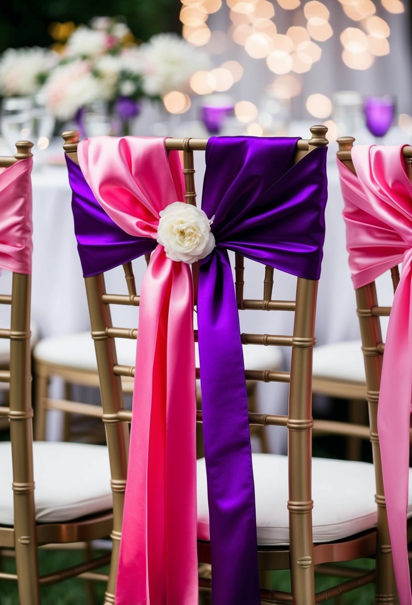 Silk ribbons in pink and purple drape over chairs in a wedding setting