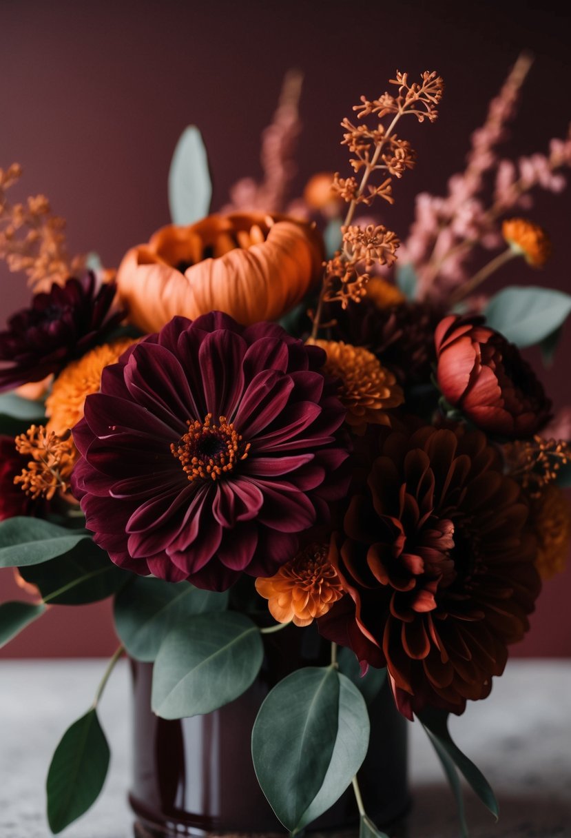 A rich burgundy and burnt orange color palette with floral and decorative elements