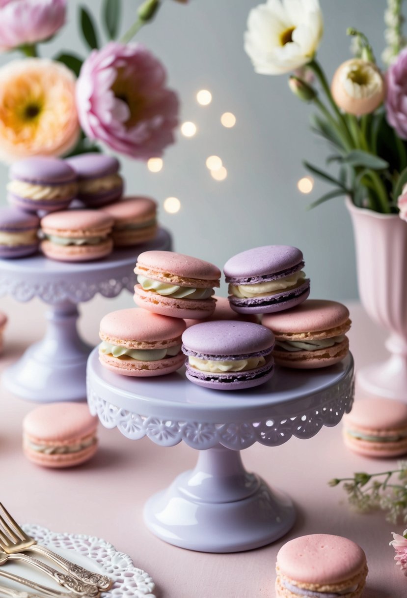 Lavender and pink macarons arranged on a delicate, pastel-colored dessert table with floral accents