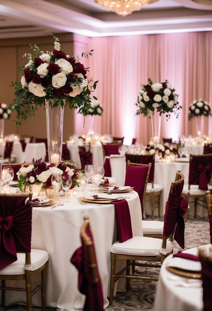 A lavish wedding reception adorned with burgundy and white floral arrangements, elegant table settings, and soft ambient lighting