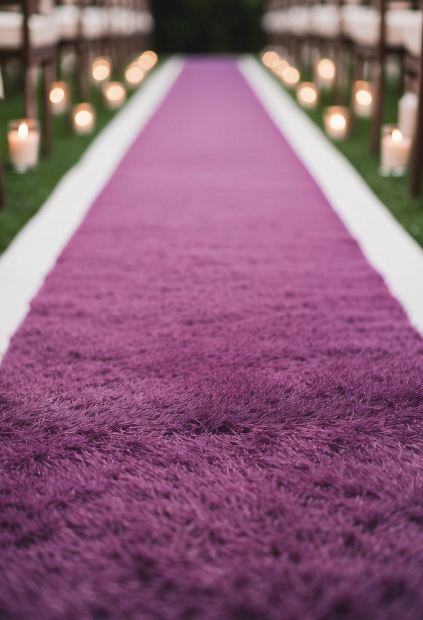 A soft pink to deep purple aisle runner fades into the distance, creating a romantic and enchanting atmosphere for a wedding