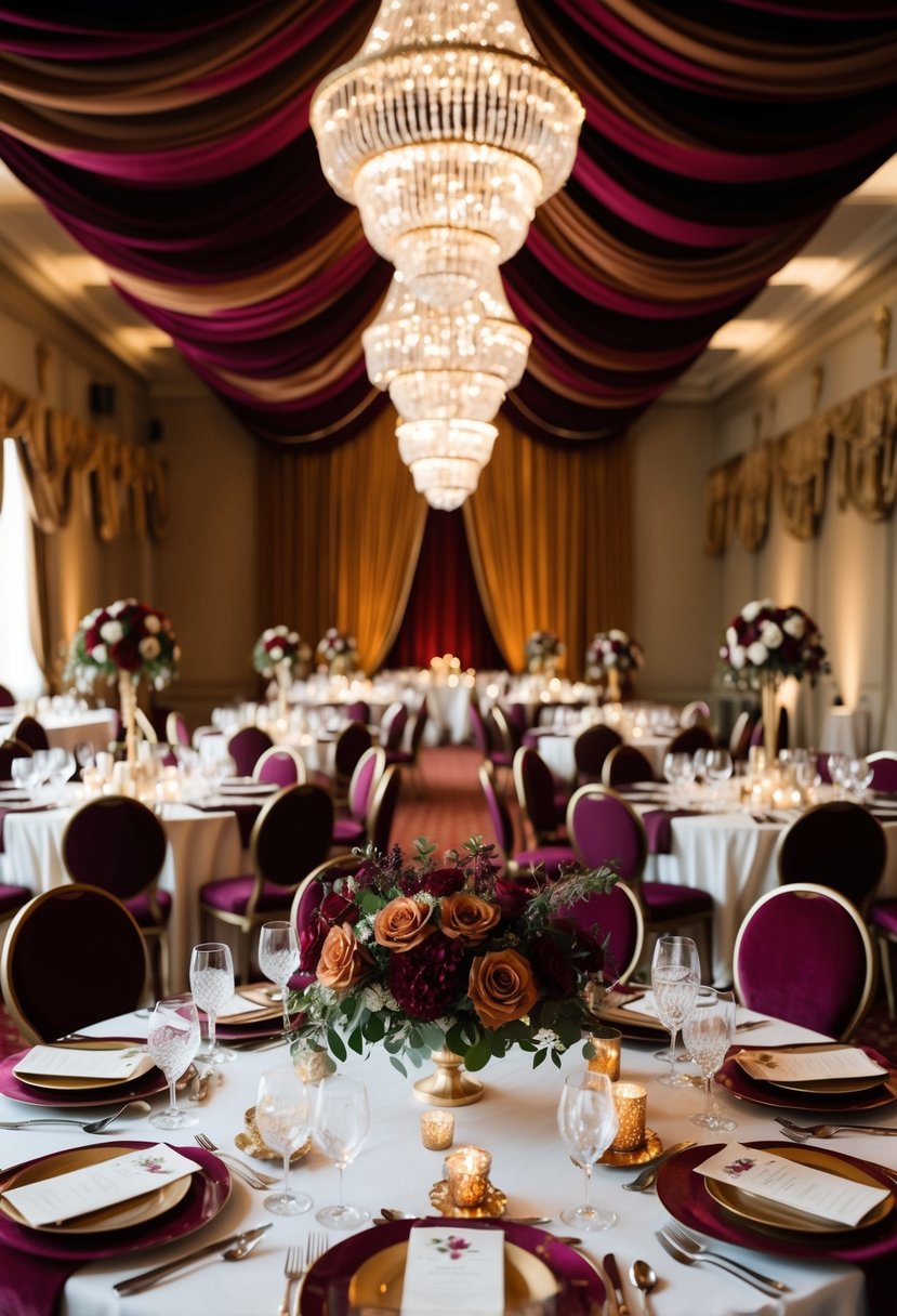 A grand ballroom adorned with burgundy and toffee floral arrangements, elegant table settings, and rich velvet drapery