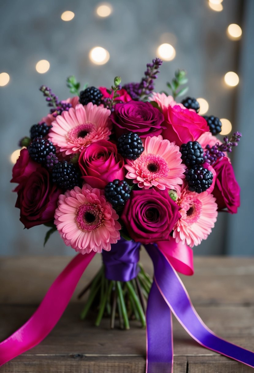 A bouquet of berry pink and plum flowers with pink and purple ribbons