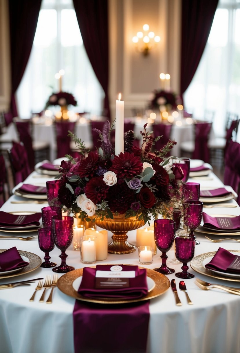 A lavish wedding table adorned with deep burgundy and plum flowers, linens, and candles, creating a rich and luxurious color palette