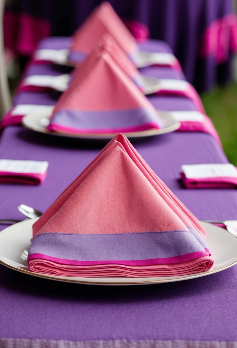 Light pink napkins arranged on eggplant tablecloths, with accents of pink and purple