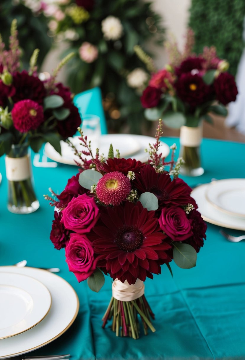 A rich burgundy bouquet stands out against a backdrop of vibrant teal table linens and floral arrangements