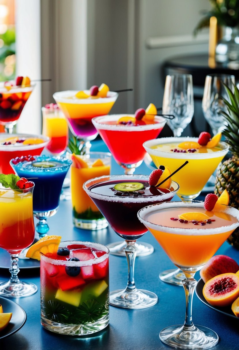 A table adorned with various colorful and elaborate mocktails, surrounded by elegant glassware and fresh fruit garnishes