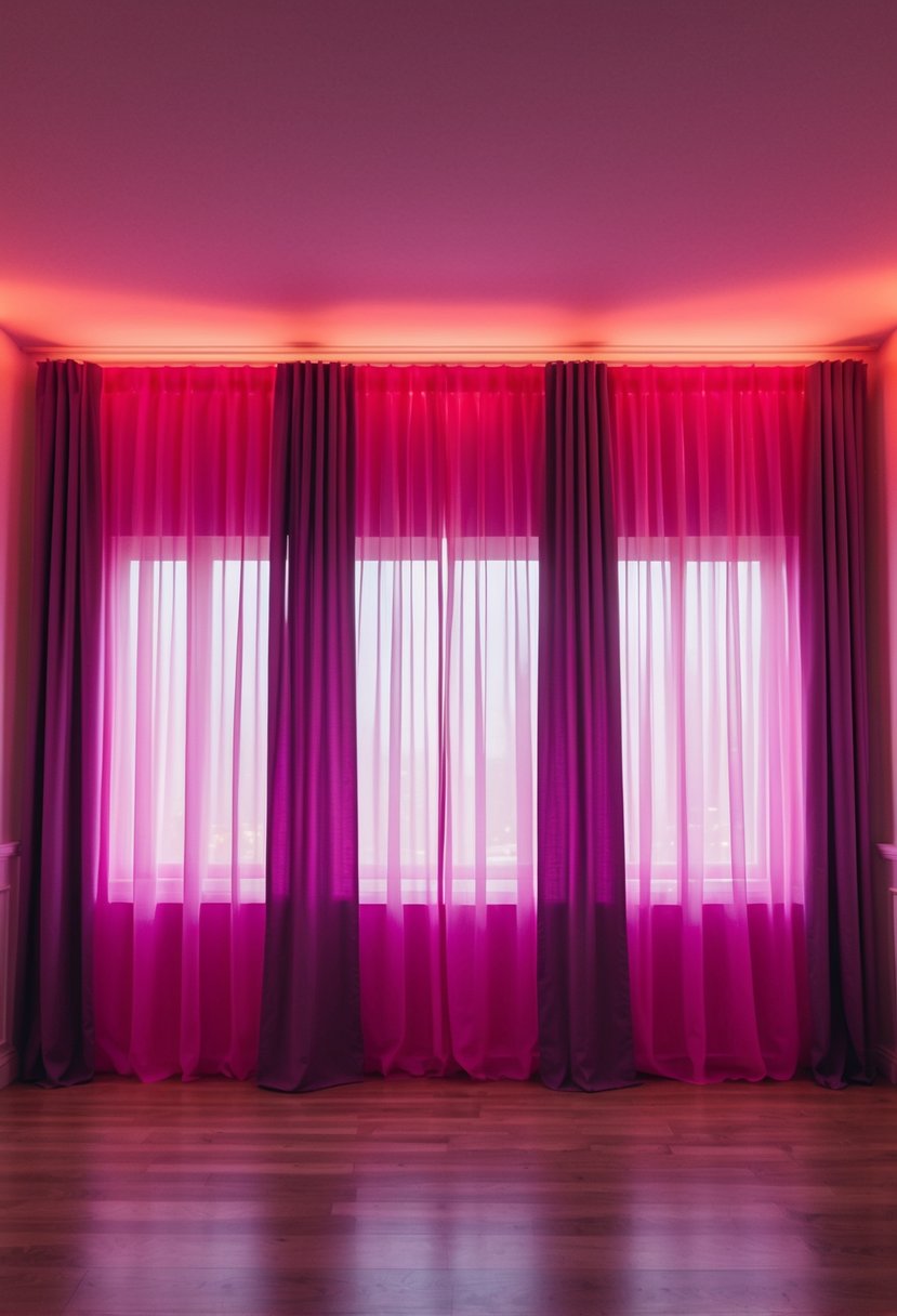 Soft pink uplighting illuminates a room with flowing purple drapes