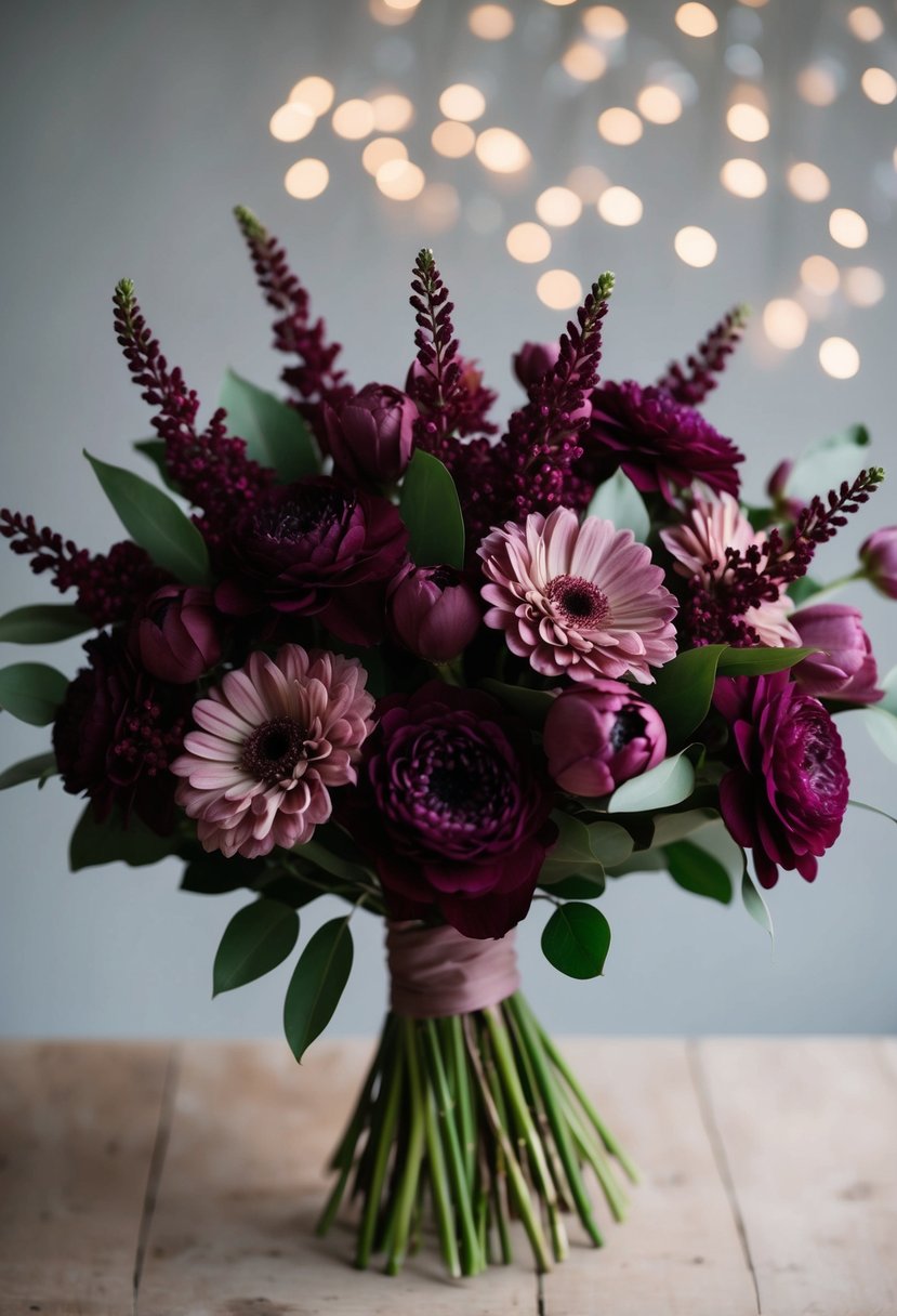 A bouquet of burgundy and mauve flowers arranged in a soft, flowing manner