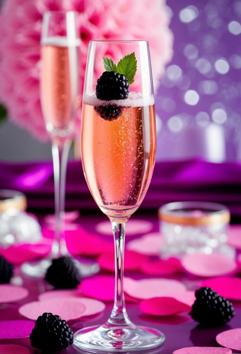 A glass of pink champagne with a blackberry garnish surrounded by pink and purple wedding decor