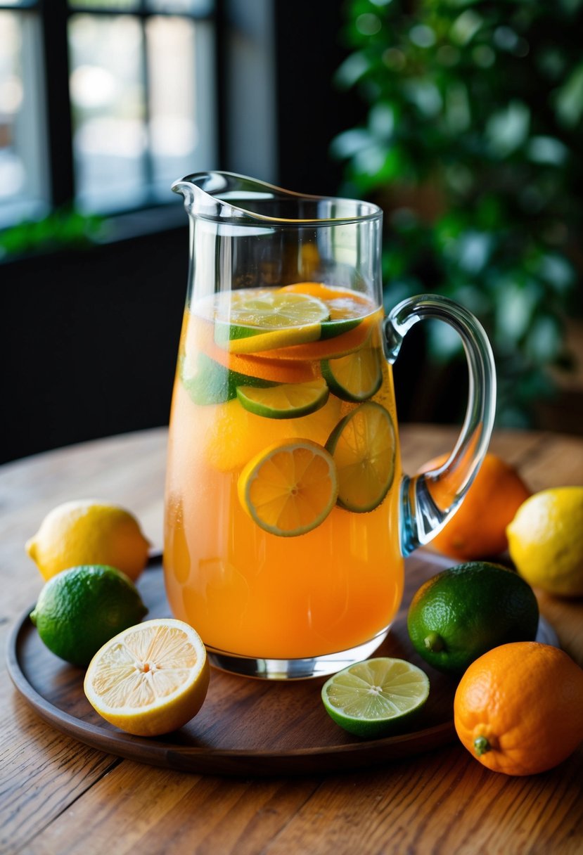 A glass pitcher filled with a colorful citrus mélange mocktail, surrounded by fresh lemons, limes, and oranges on a wooden table