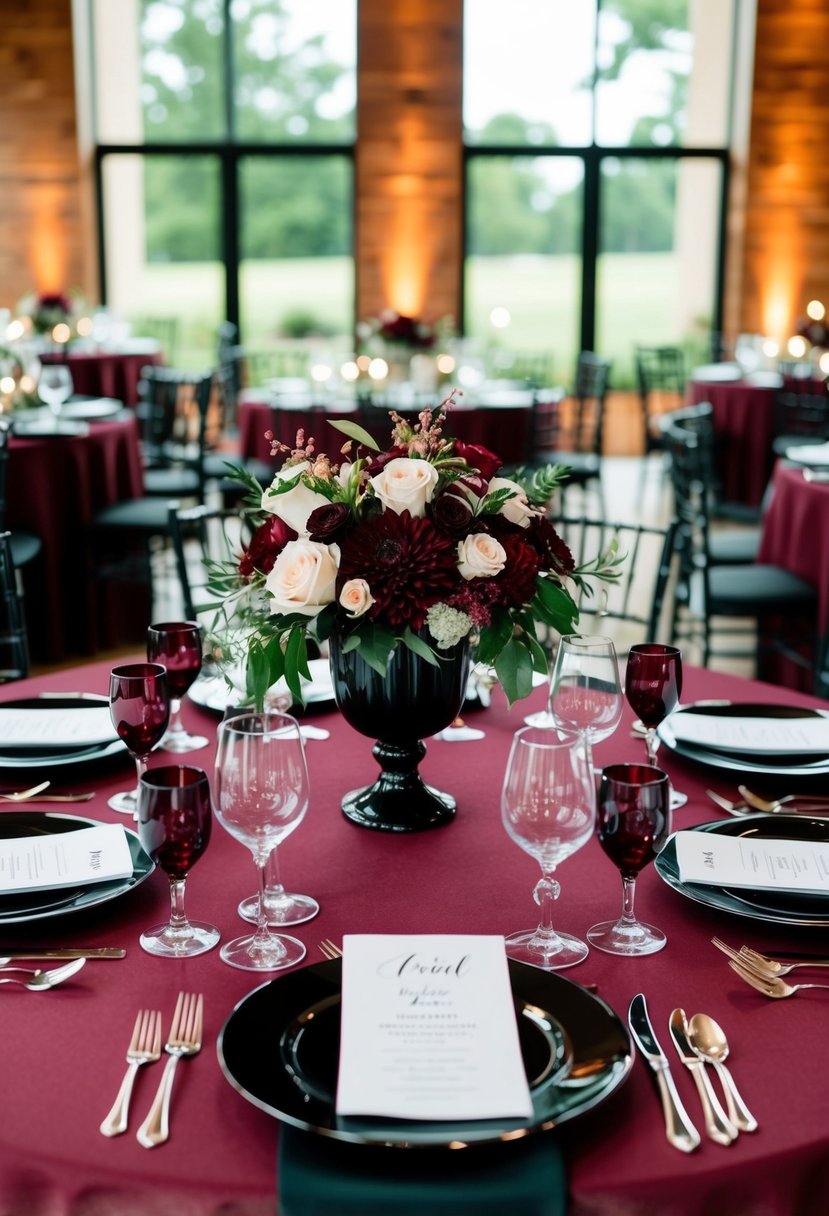 A burgundy and black wedding table setting with floral centerpieces and elegant place settings