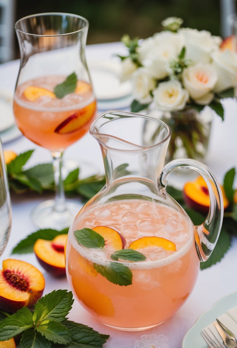 A glass pitcher filled with peachy colored mocktail surrounded by fresh peach slices and mint leaves on a decorated wedding table