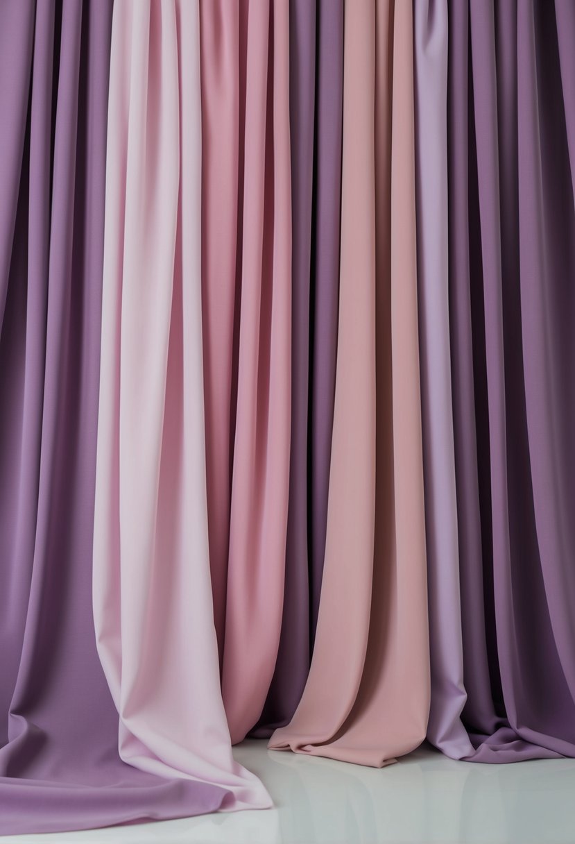 Dusty pink and lilac fabric cascading in elegant folds, creating a dreamy backdrop for pink and purple wedding color ideas