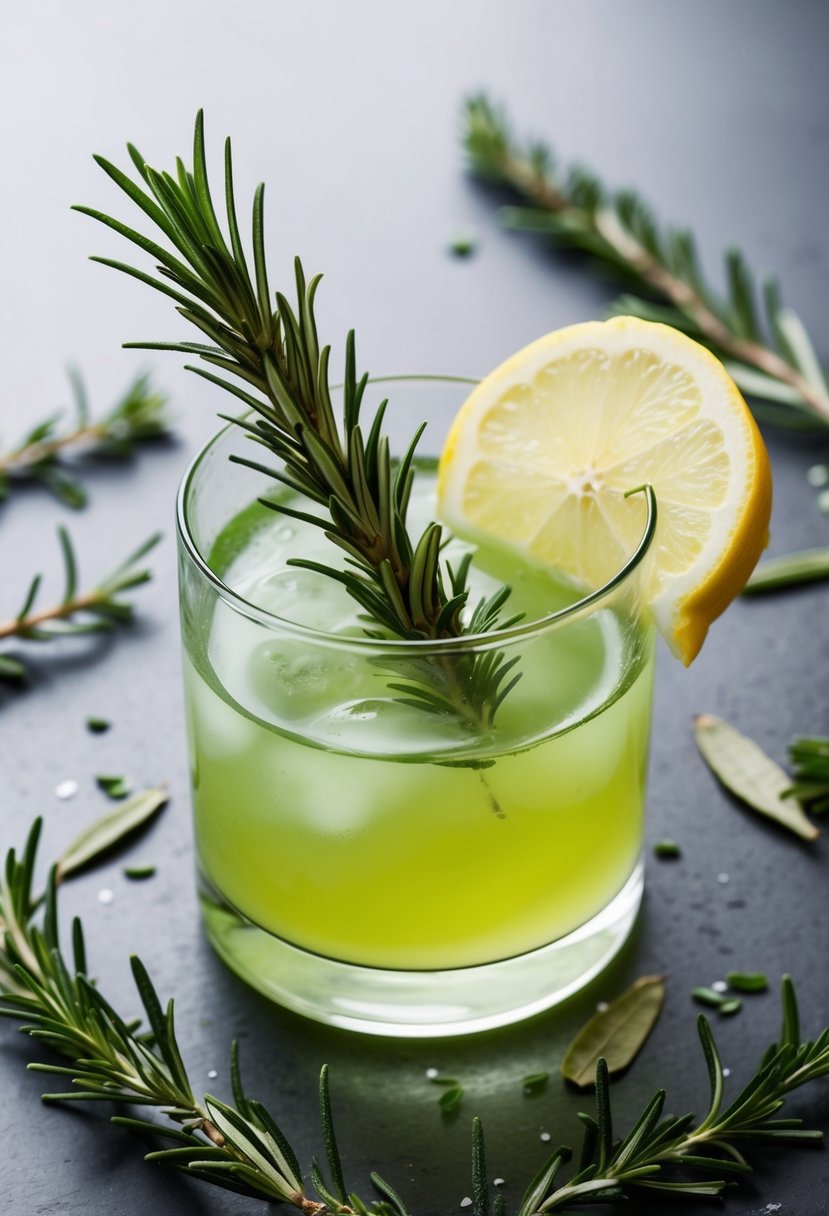 A clear glass filled with a pale green liquid, garnished with a sprig of fresh rosemary and a slice of lemon, surrounded by scattered rosemary leaves