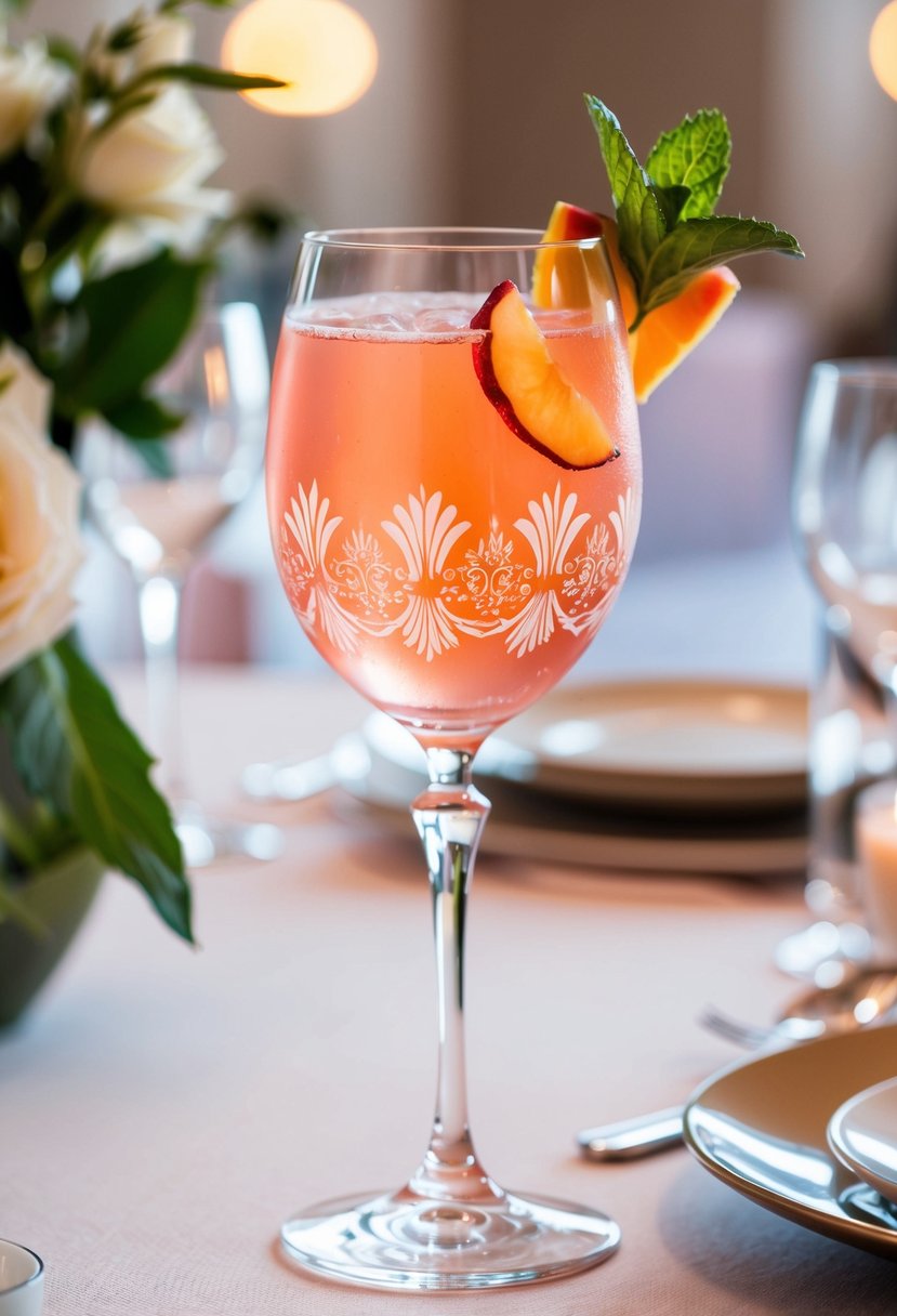 A decorative glass filled with a refreshing pink Rosé Spritzer mocktail, garnished with a slice of fresh fruit and a sprig of mint, set on a stylish table at a wedding reception