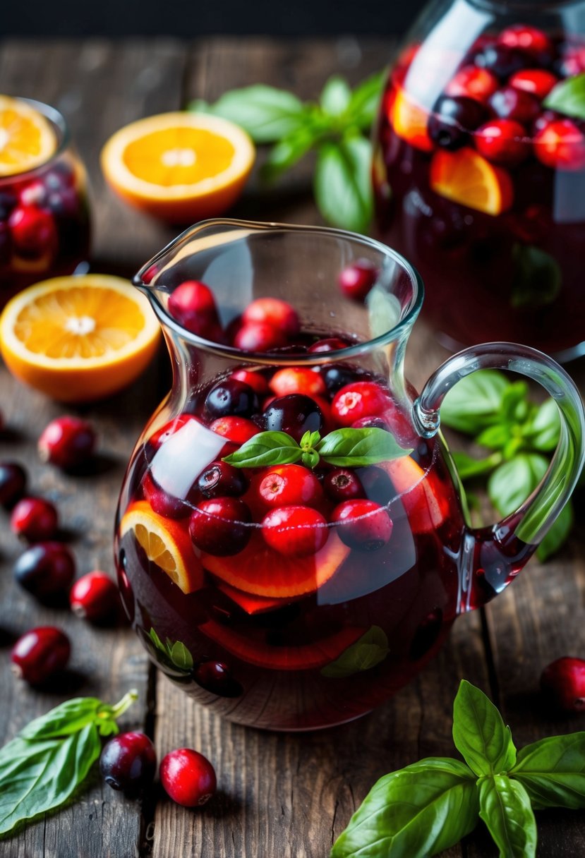 A glass pitcher filled with cranberry basil sangria surrounded by fresh cranberries, basil leaves, and slices of citrus fruit on a rustic wooden table