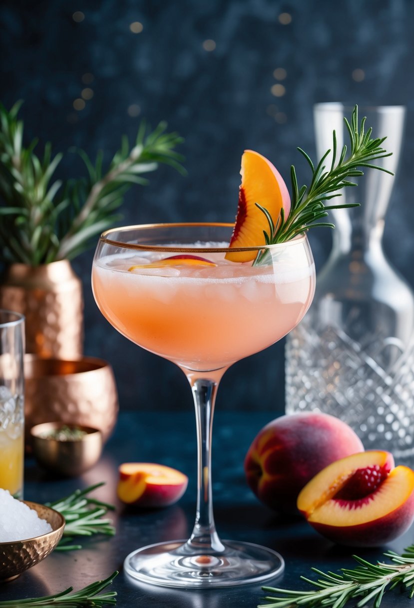 A elegant glass filled with a Peachy Paloma mocktail, garnished with a slice of peach and a sprig of rosemary, surrounded by fresh ingredients and decorative glassware